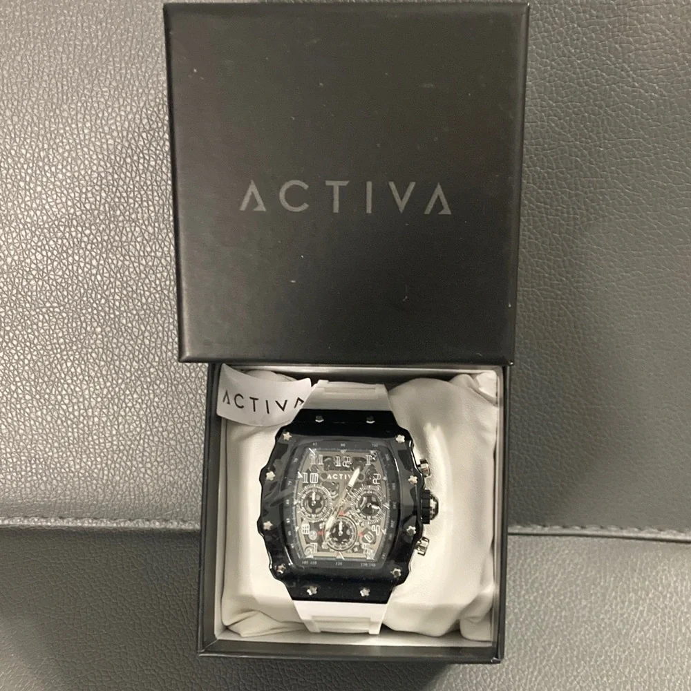 Activa Watch w/ Skeleton Dial 44.3mm, White strap black face (ACW2305-018)